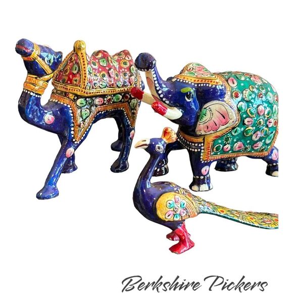 Small Handpainted Meena India Blue and‎ colorful Elephant & Camel & peacock - Picture 1 of 16